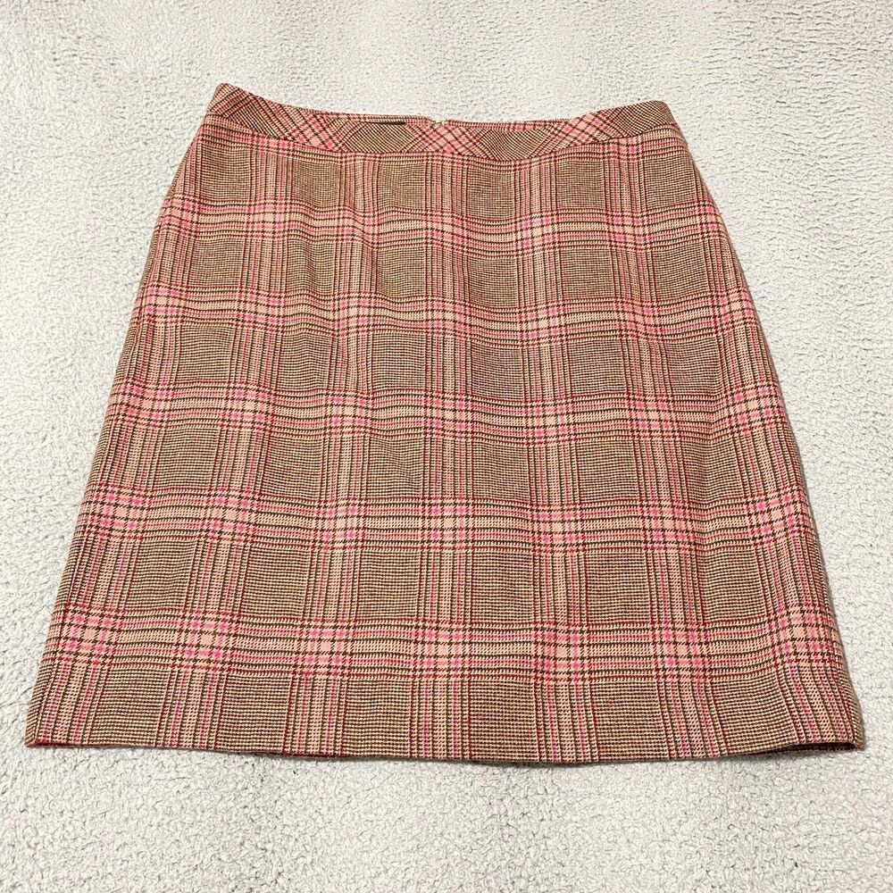 Talbots Midi Skirt Women 14 / 35 Brown Pink Wool Blend Plaid Academia Twee Indie